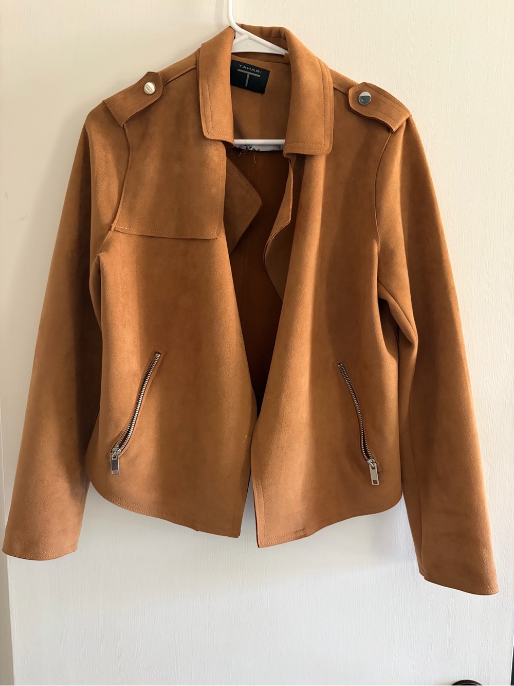 Tahari Women's Warm Caramel Suede Moto Jacket